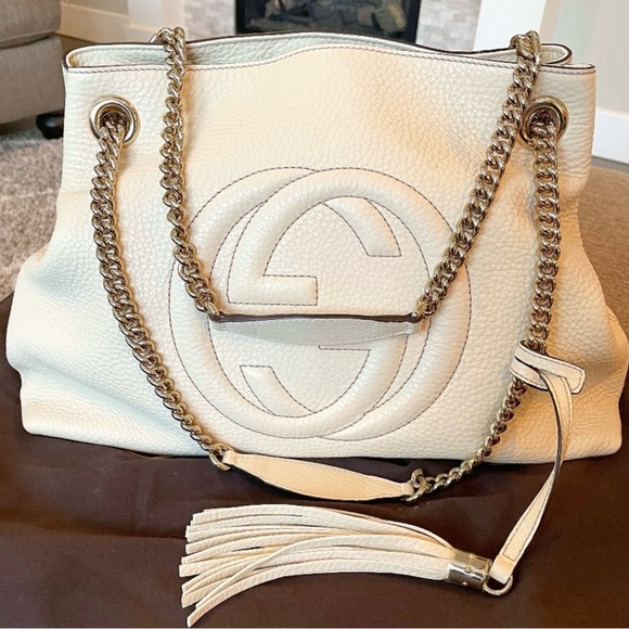 RARE🔥GUCCI soho ivory gold double chain leather bag - Picture 4 of 14